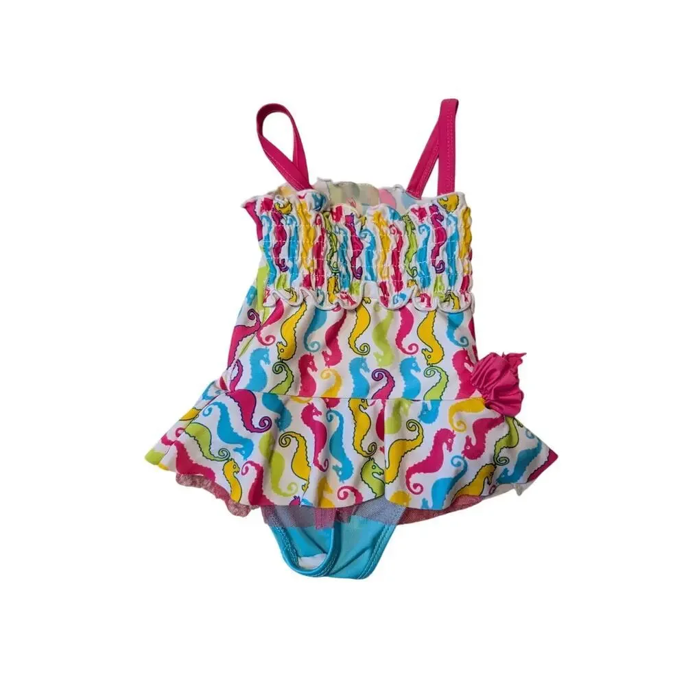 RUGGED BEAR seahorsel ruffled baby girls swim suit, 24 mos/2T